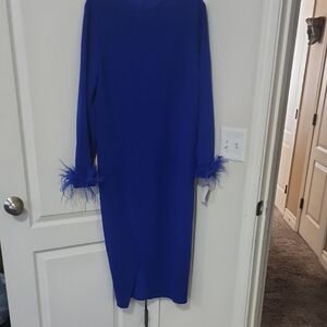 Chic Long Sleeve Blue Dress with Feather Cuffs